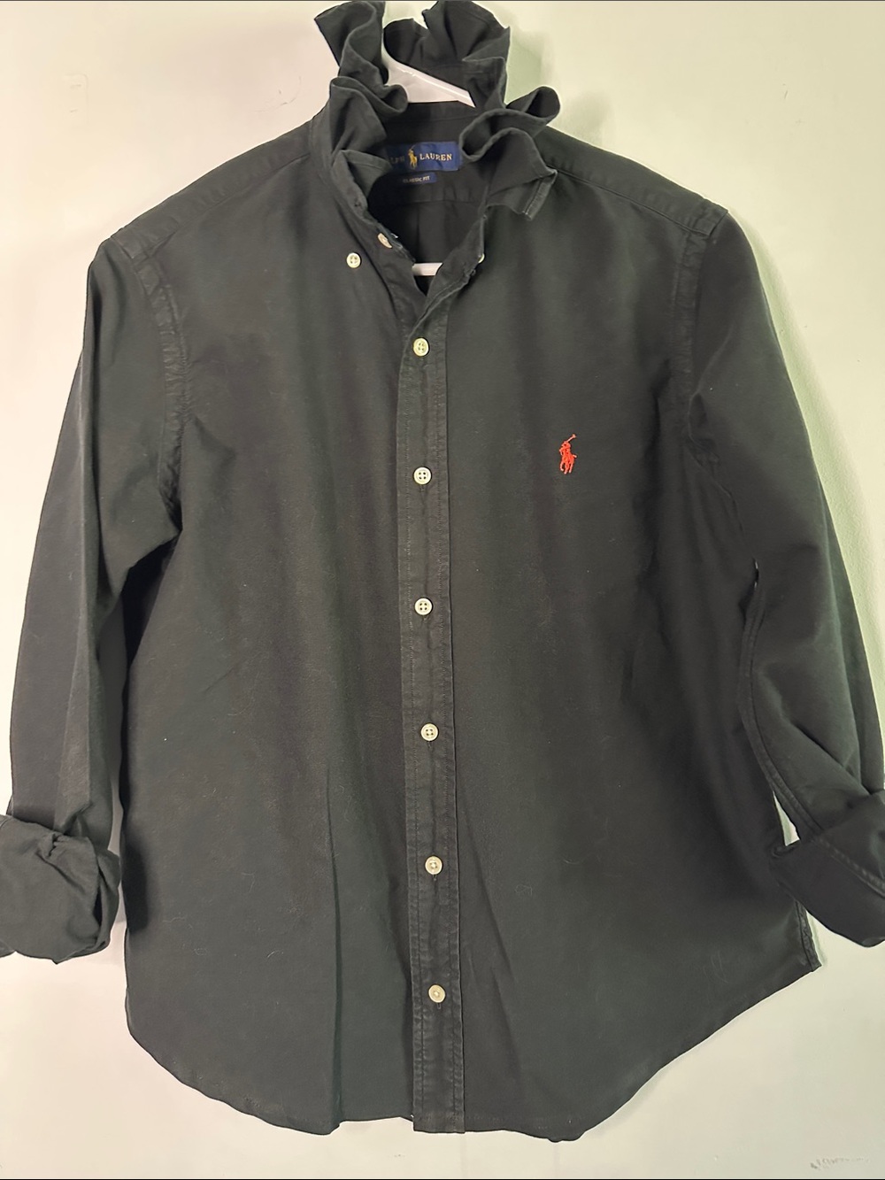 Ralph Lauren Black Button-Down Ruffled collar Shirt with Red Pony Logo